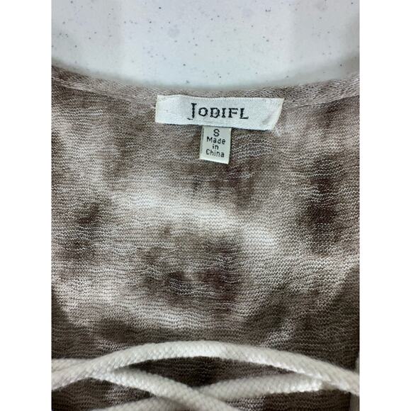 JodiFL Womens Shirt Blouse Sz Small Semi Sheer Brown Cream Tie Dye Lace Up Neck - Picture 3 of 10